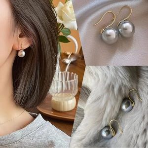 New Earrings Faux Grey Pearls Gold Tone Drops Shiny Party Prom Wedding Bridal